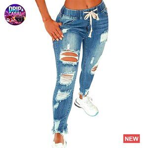 High Waist Skinny Ripped Jeans Stretch Destroyed Denim Plus Size Casual